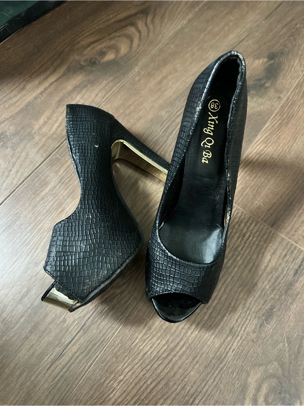 Black Textured Peep-Toe High Heels